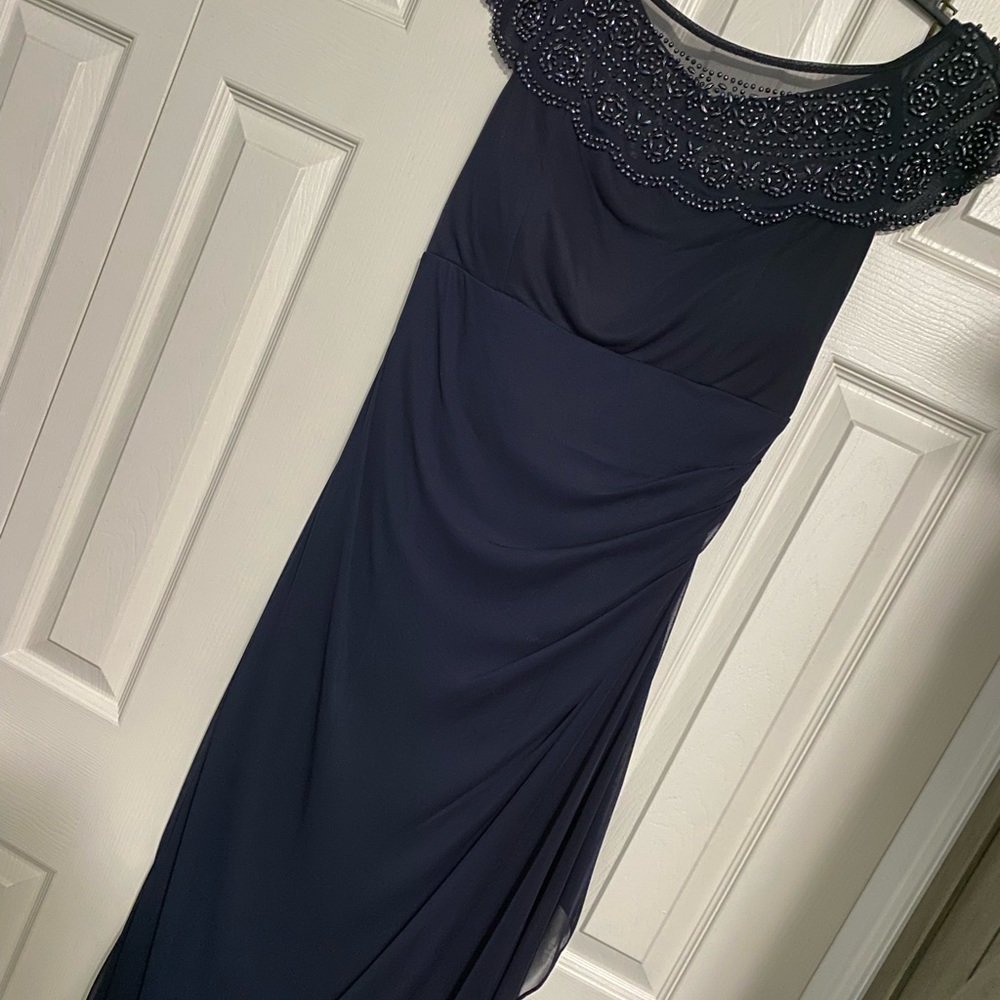 Navy Blue Beaded Floor-Length Gown
